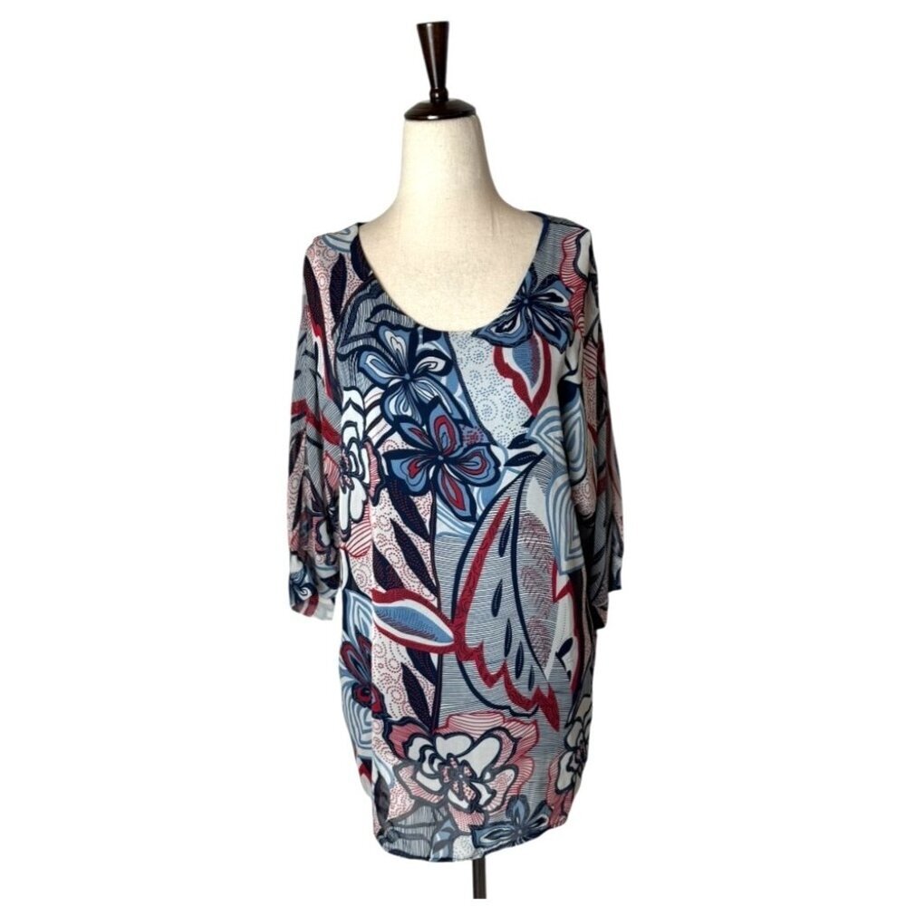 Jade Shirt Women XS Blue Red Floral Print Chiffon Flowy Tunic Top Preppy Boho